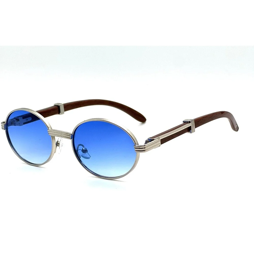 Round Blue Lens Sunglasses‎ Mens Wood Temple Metal Frame Fashion Eyewear LENTES